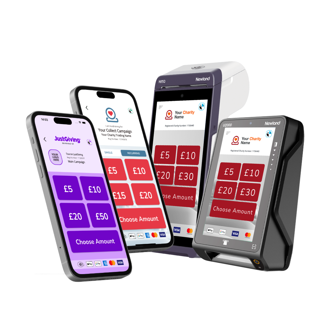 Les applications Toucan JustGiving et Toucan Collect aux côtés des terminaux de dons Toucan Tap, avec ou sans surveillance