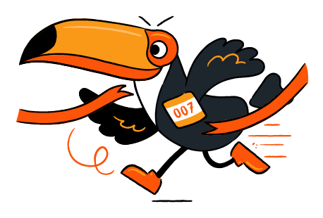 A toucan running a charity race, breaking the finish-line tape