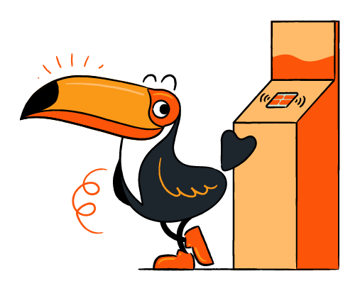 Toucan beside a freestanding contactless donation device