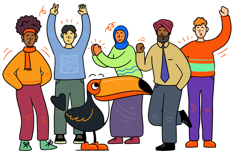A group of fundraisers and donors celebrating with the Toucan